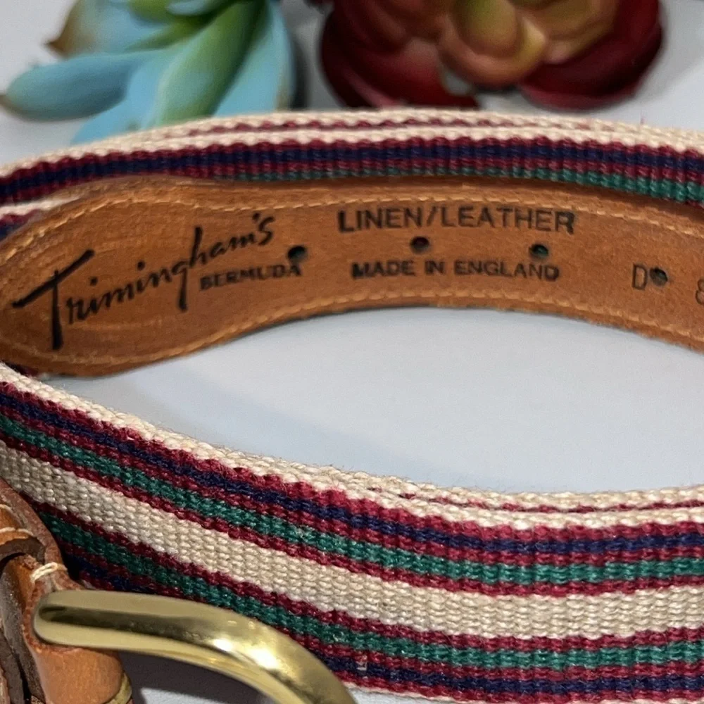 Triminghams Burmuda Linen Leather Belt Made in England Sz 40 Solid Brass Buckle
